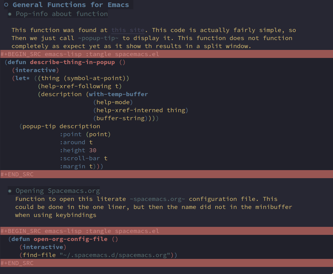 
                       Figure 3: An example of a .org file with code blocks in emacs-lisp which will be tangled to a file called spacemacs.el.
                  